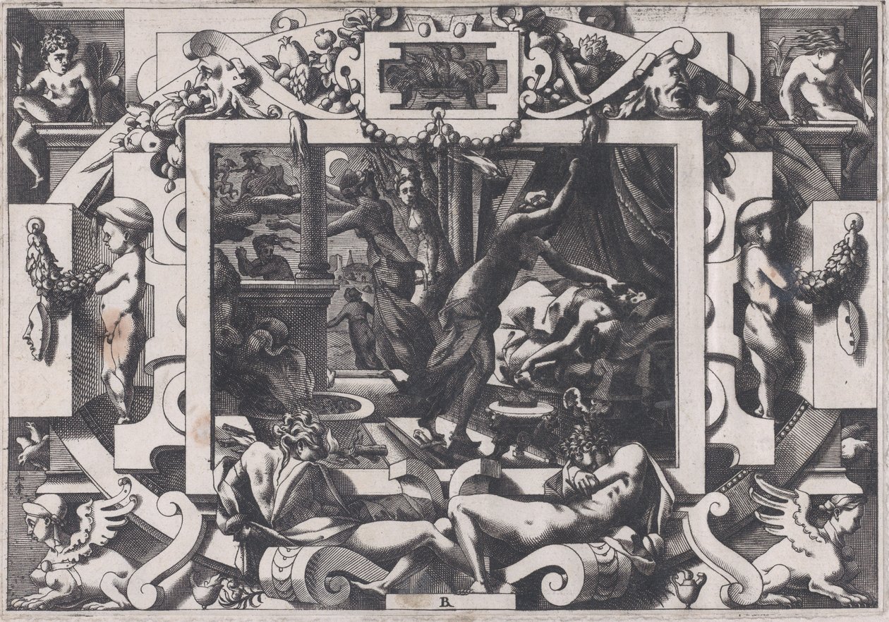 Pélias Assassinado por suas Filhas Cuja pena que tenham coragem de esvaziar seu sangue por v..., 1563. de Rene Boyvin