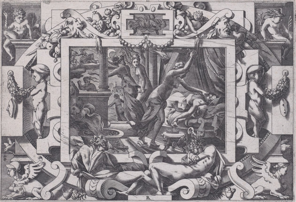 Pélias Assassinado por suas Filhas Cuja pena que tenham coragem de esvaziar seu sangue por v..., 1563. de Rene Boyvin