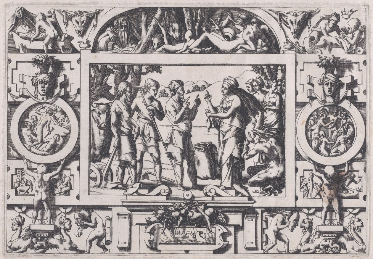 A Rainha Ino e o Lavrador A Rainha Ino estraga a semente do novilho em todos os lugares..., 1563. de Rene Boyvin
