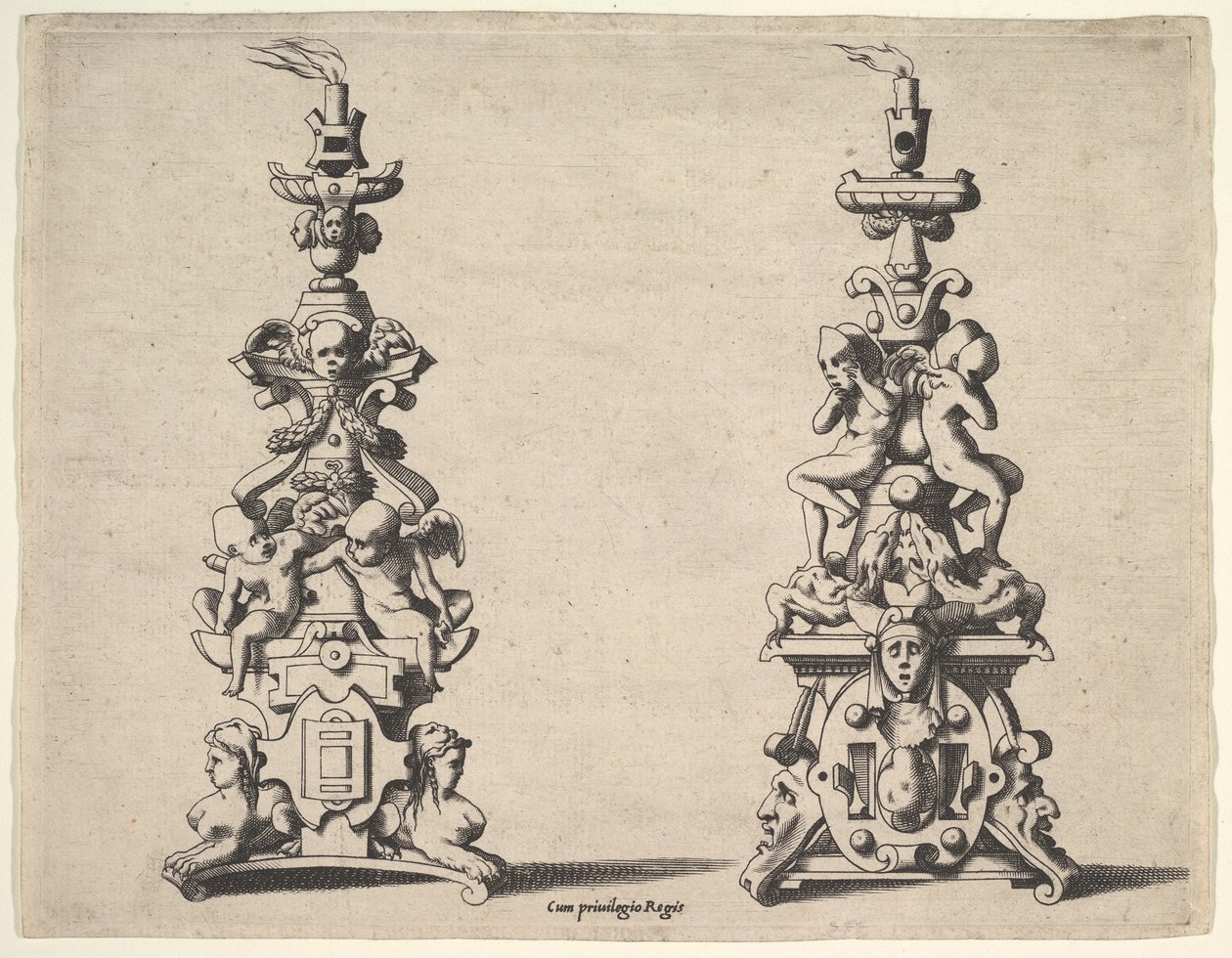 Dois desenhos de castiçal, ca. 1550-60. de Rene Boyvin