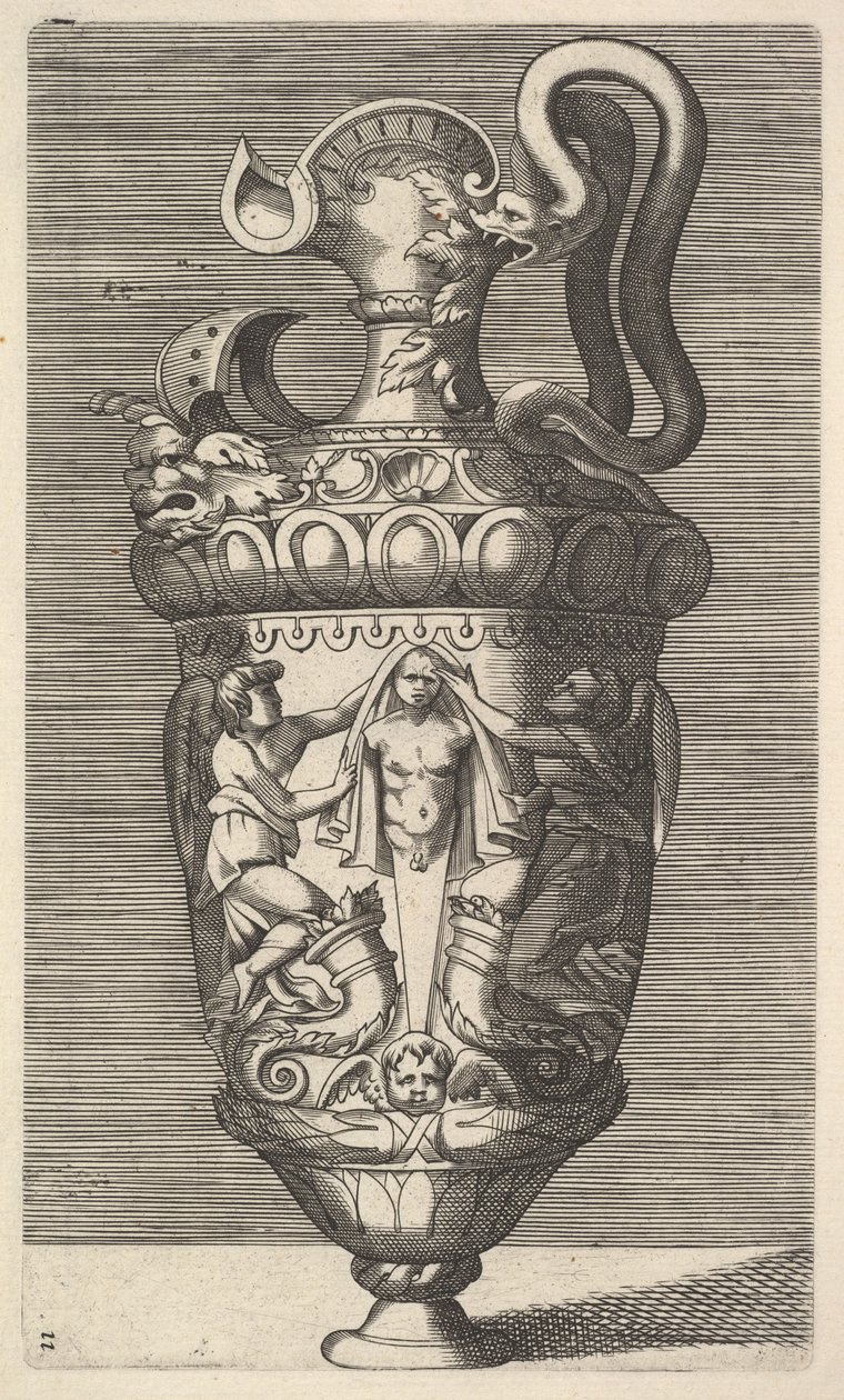 Vaso com duas figuras aladas drapejando um termo, século XVII. de Rene Boyvin