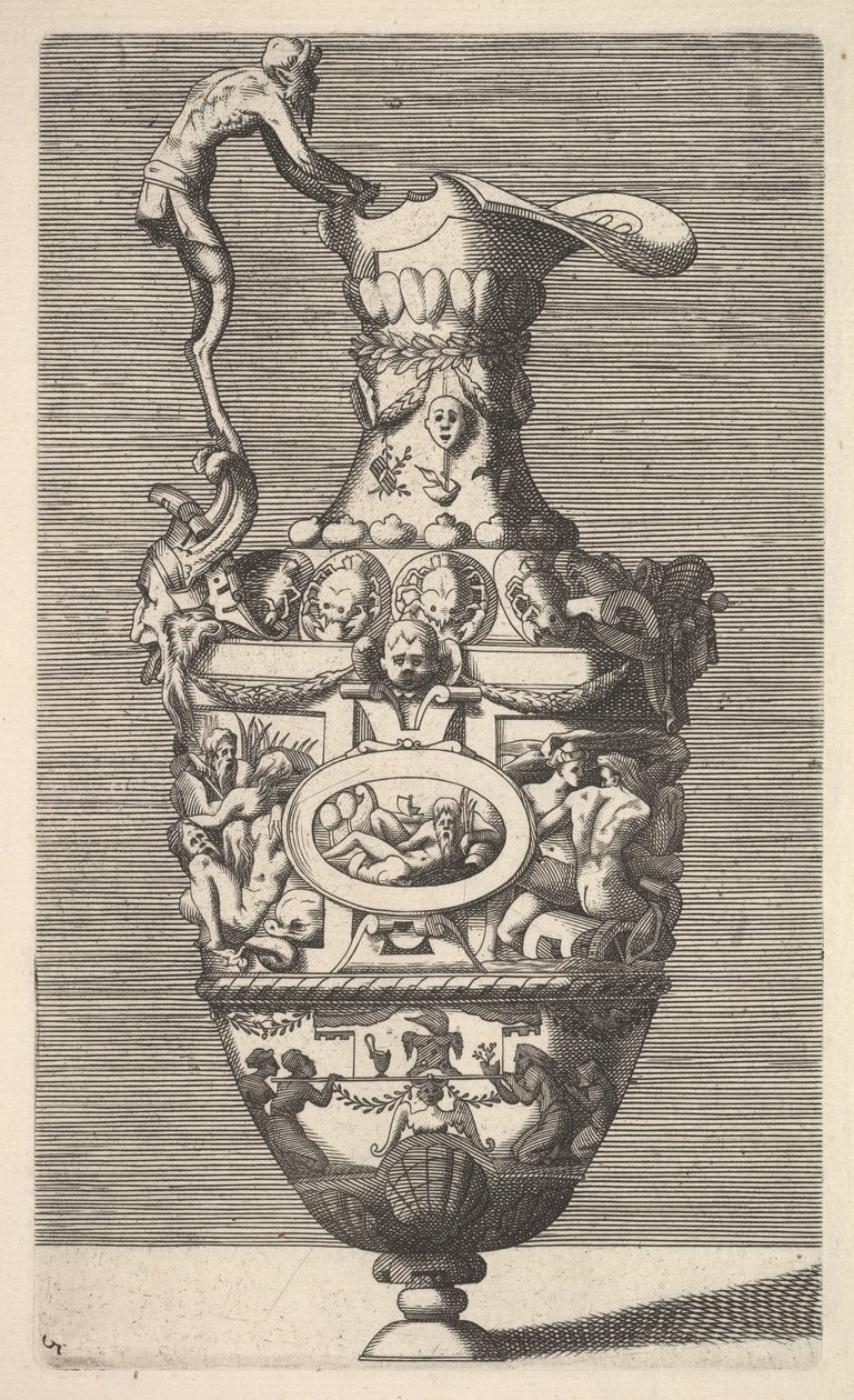 Vaso com um deus do rio em um medalhão oval, século XVII. de Rene Boyvin