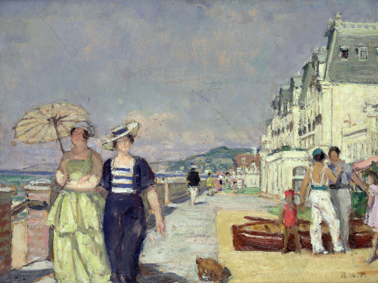 Mulheres elegantes à beira-mar em Cabourg, c.1929 (óleo sobre tela) de René François Xavier Prinet