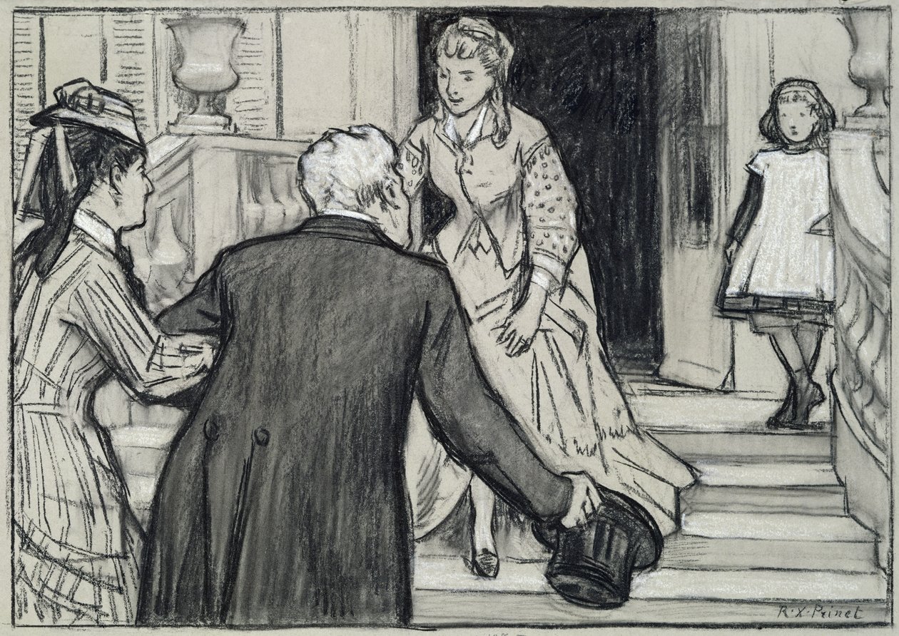 A visita, ilustração de La Jeune Fille Bien Elevee de Rene Boylesve (gizes a preto e branco sobre papel) de René François Xavier Prinet