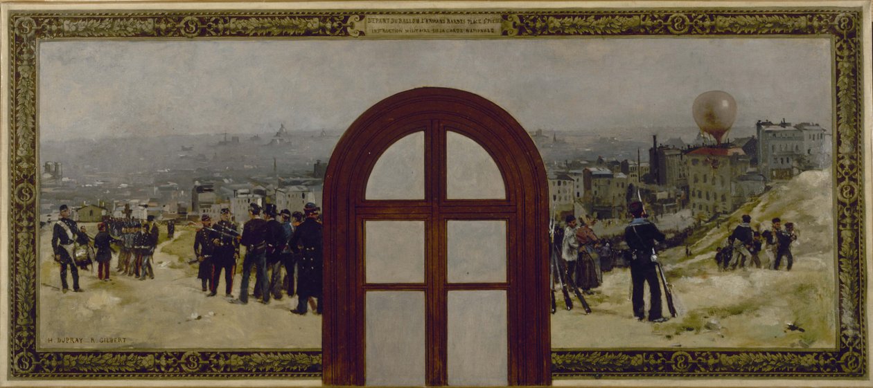 Esboço para o Gabinete do Prefeito na Câmara Municipal de Paris: A partida do balão "Armand Barbès", instrução da Guarda Nacional de Rene Joseph Gilbert