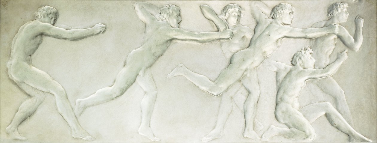 Um painel figural de vidro moldado representando seis atletas masculinos nus, de Rene Jules Lalique