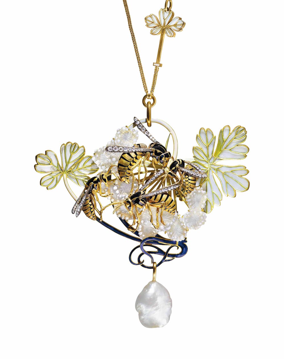 Colar Art Nouveau de esmalte, diamante e pingente de pérola de Rene Jules Lalique