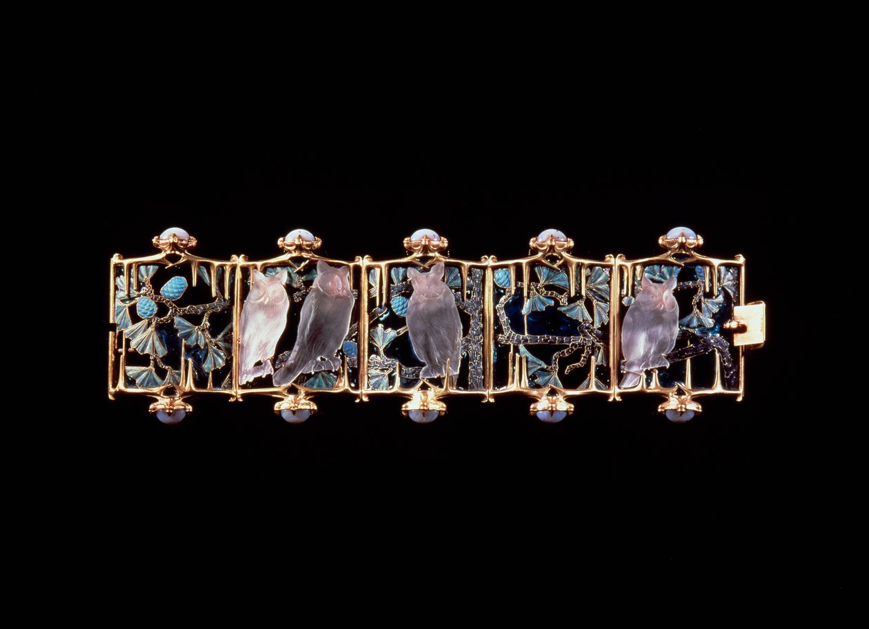 Pulseira com ouro, vidro, esmalte e mochos de calcedônia e folhas de Rene Jules Lalique
