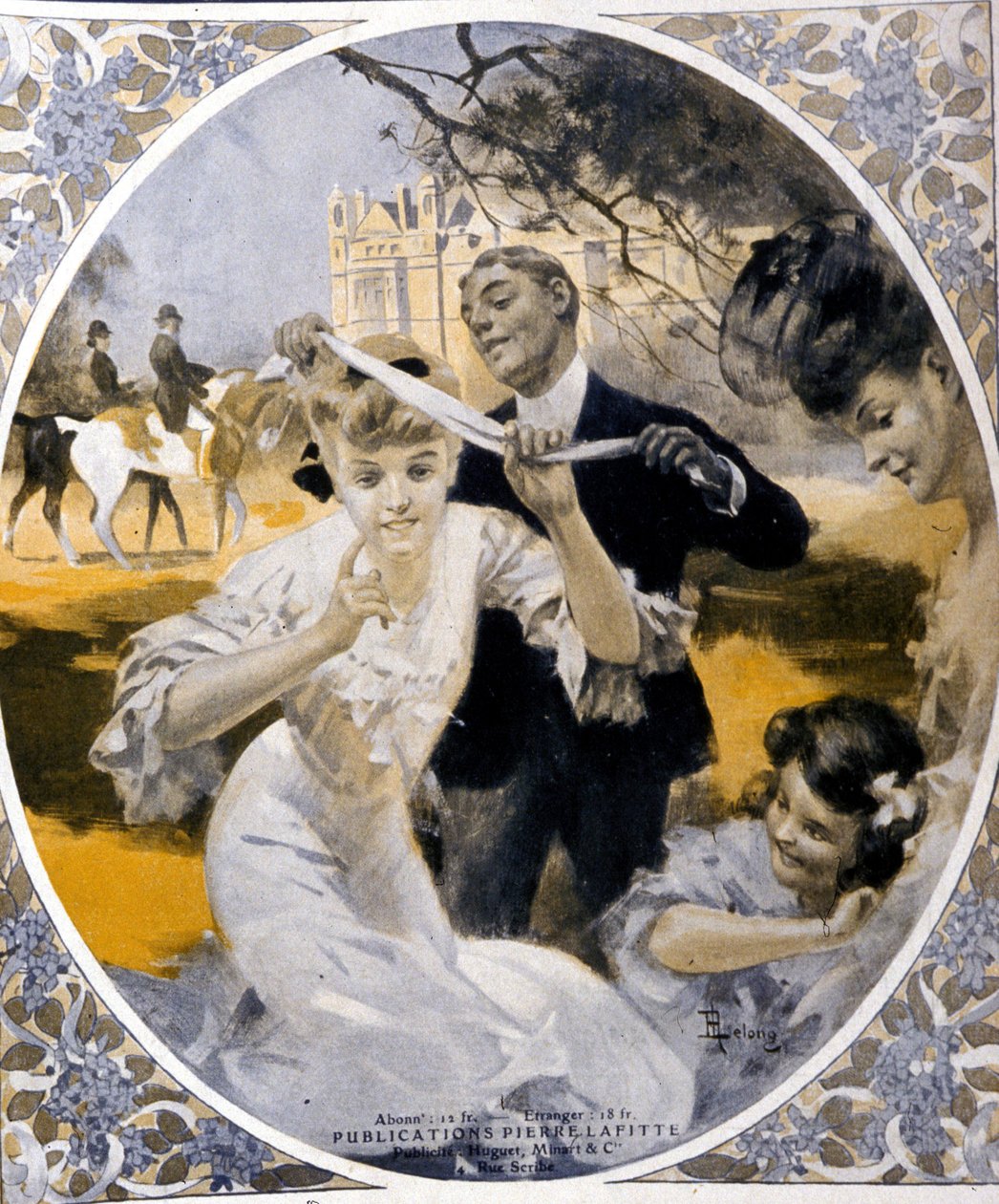 Jogos de jardim: preparação de um jogo de malha de pescada, início do século. Ilustração de Rene Lelong (1871-1933) de Rene Lelong