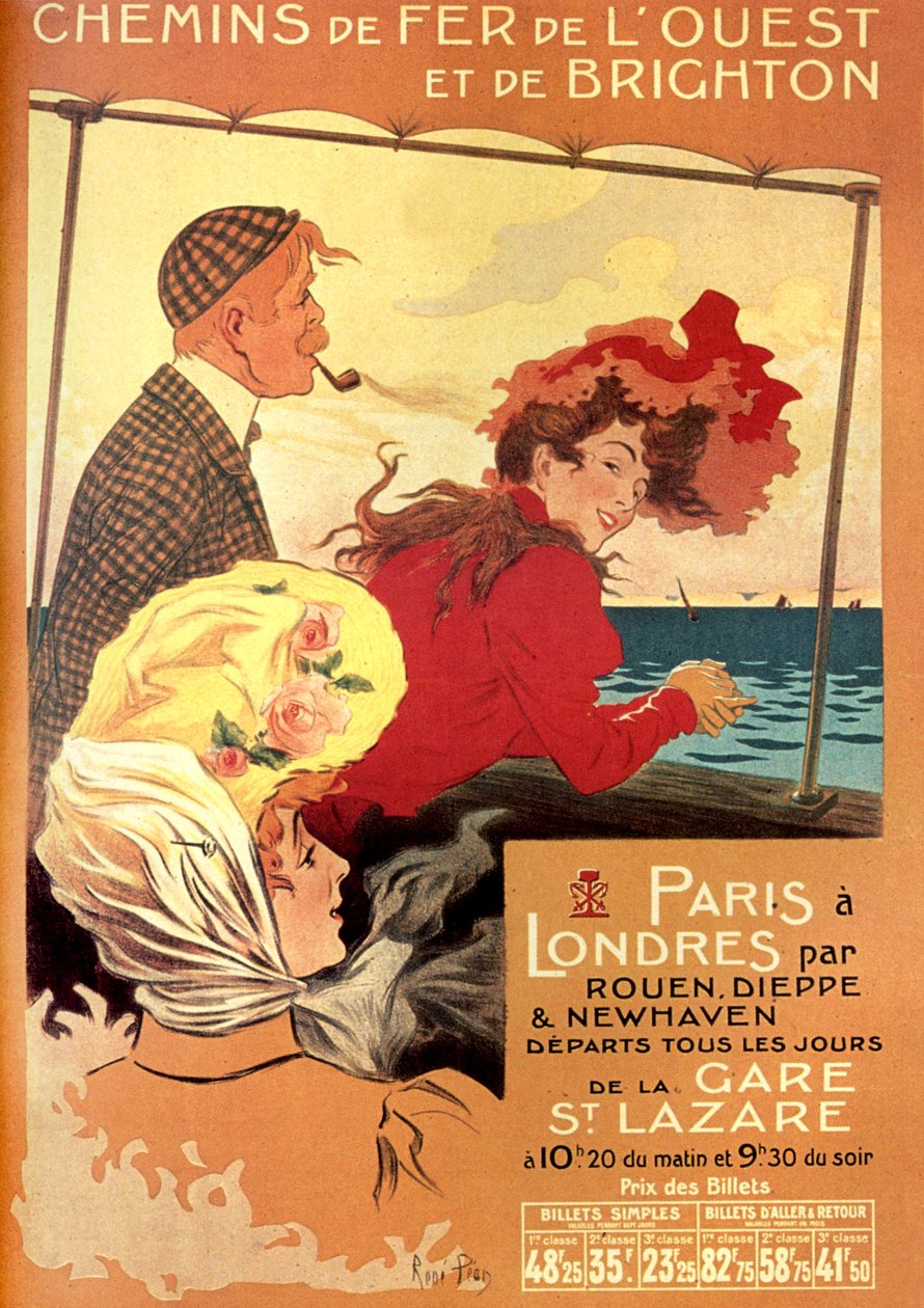 Cartaz de Rene Pean para a companhia ferroviária West e Brighton para a linha de Paris Londres via Rouen, Dieppe e Newhaven, finais do século XIX de Rene Pean