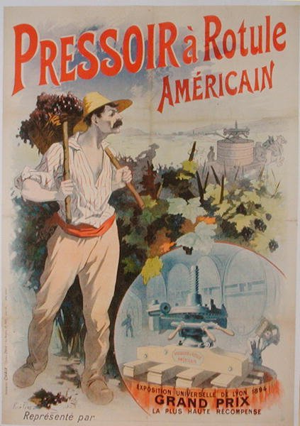 Cartaz publicitário de um lagar americano, exibido na Exposição Universelle de Lyon de Rene Pean