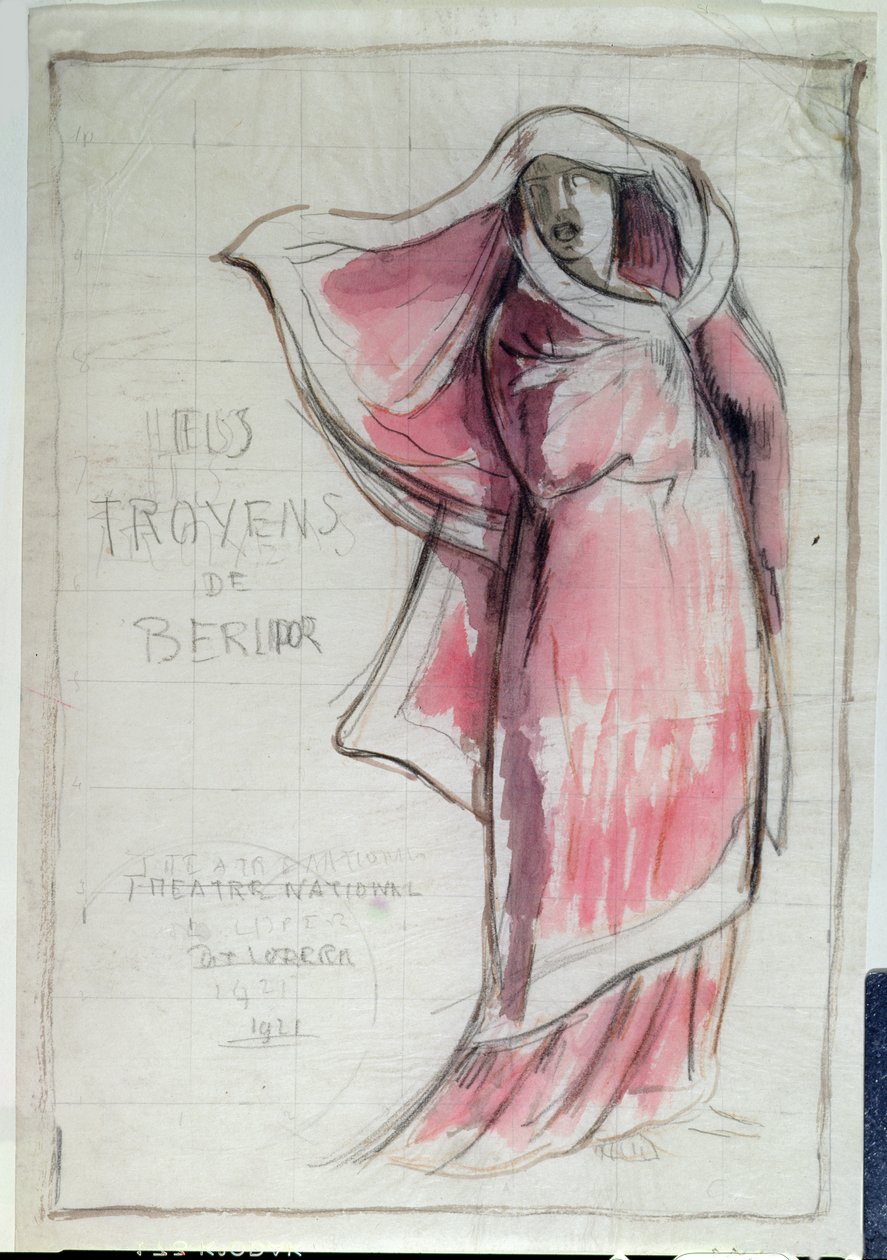 Design para uma propaganda de cartazes Les Troyens (Os Troianos) composta por Hector Berlioz (1803-69) para uma performance na Ópera de Paris em 1921 (lápis e wc no papel) de Rene Piot