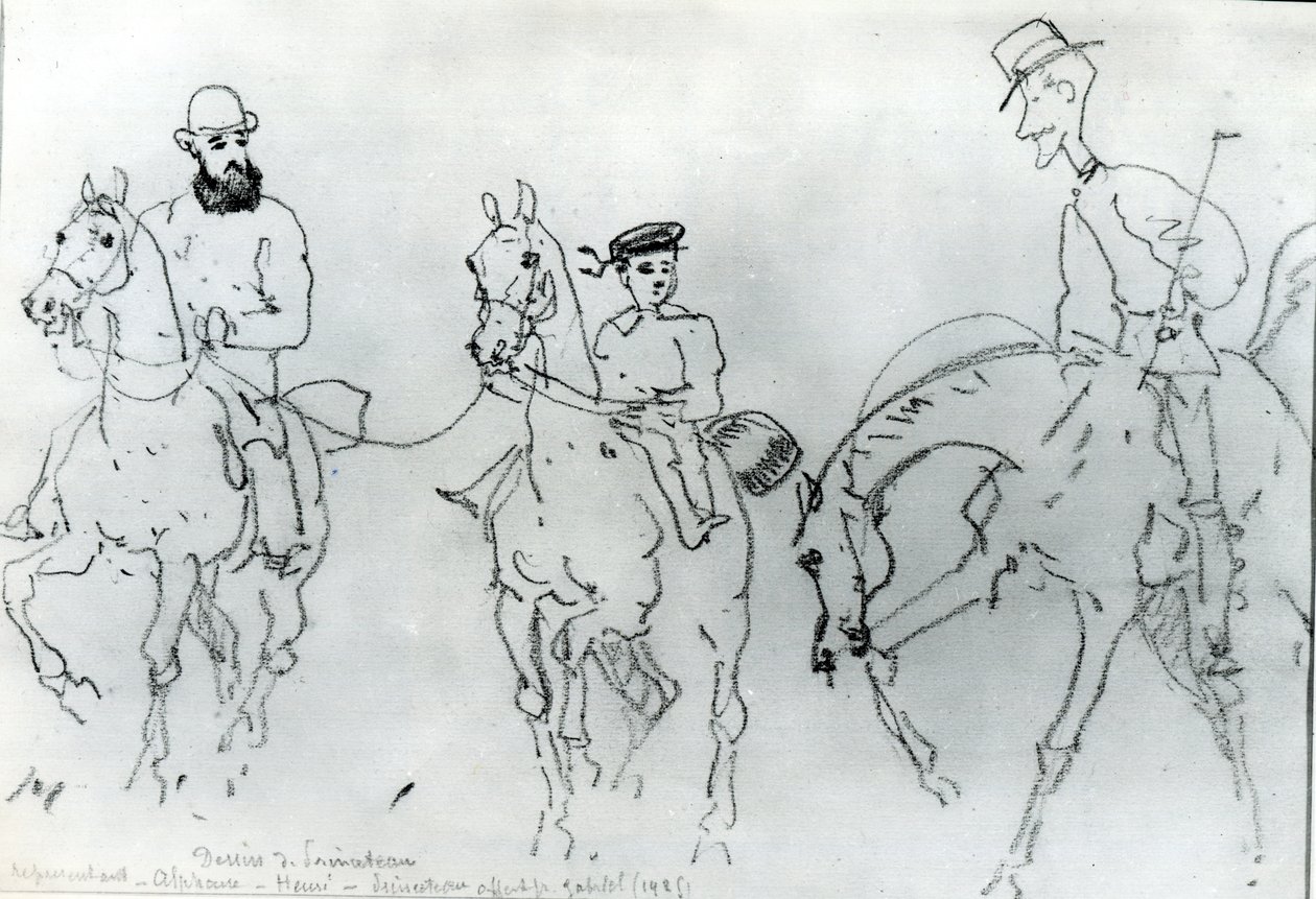 Três cavaleiros: Henri de Toulouse-Lautrec (1864-1901) entre seu pai, conde Alphonse e o artista de Rene Princeteau