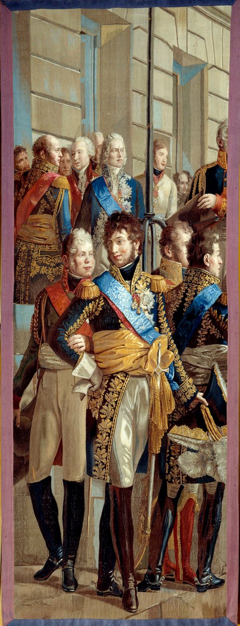 Entrevista de Napoleão I e Rainha Luísa da Prússia em Tilsit (Tilsitt), 6/07/1807 Tapeçaria feita pela oficina dos Gobelins após um detalhe da pintura de René Theodore Berthon (1776-1859) Sol. 3,28x1,28 m Malmaison musee du chateau de Rene Theodore Berthon