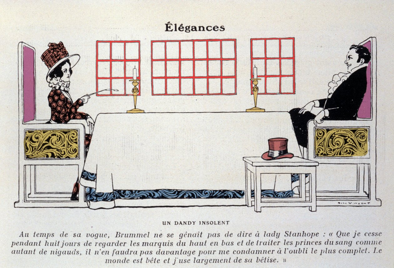 Uma representação de Beau Brummell (George Bryan Brummell) (1778-1840) em frente a Lady Stanhope, deu à luz a expressão "dandy" e desempenhou um papel importante na moda dos homens (litografia) de Rene Vincent
