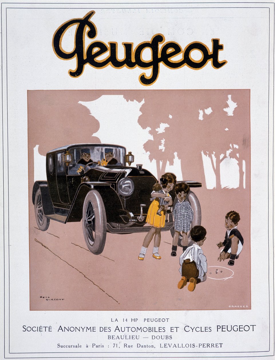 Publicidade do Peugeot "The 14 HP Peugeot" em "Comoedia illustrious" de 20 de dezembro de Rene Vincent