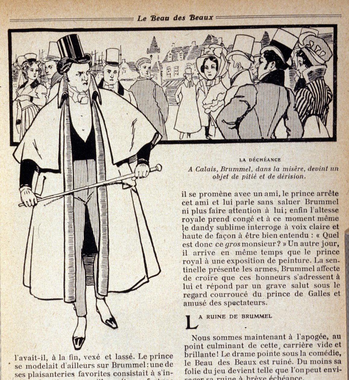 Representação de George Bryan Brummel (1778 - 1840), o Rei dos Dandies, que está no exílio em Calais. Ilustração de René Vincent. Século XIX de Rene Vincent