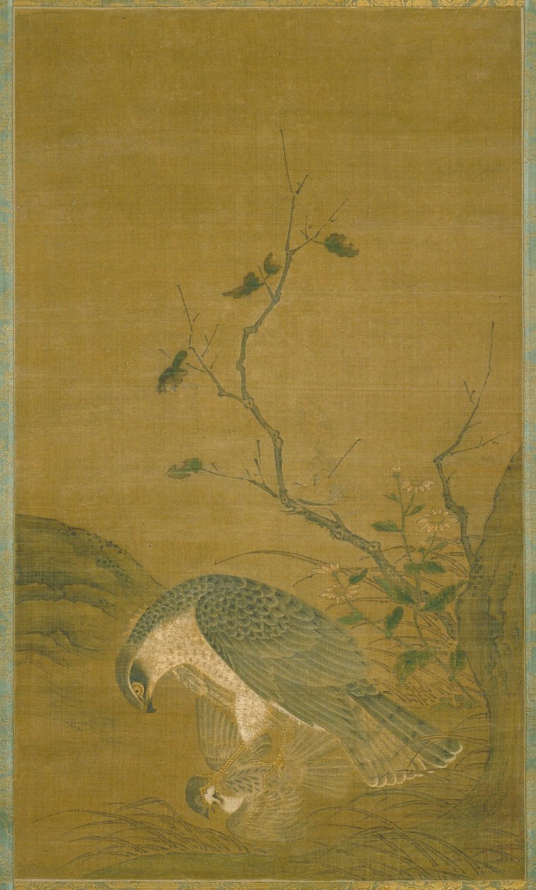 Hawk Capturing A Sparrow (tinta e cor sobre seda) de Renfa Ren