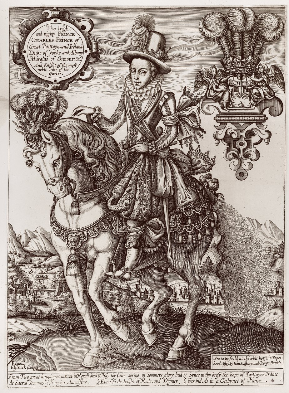 Carlos I como Príncipe de Gales a Cavalo, de &39;O Livro dos Reis&39;, 1618 de Renold Elstrack