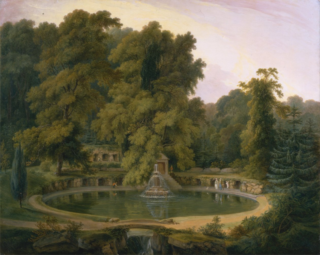 Templo, fonte e caverna no Parque Sezincote de Rev. Edward Thomas Daniell