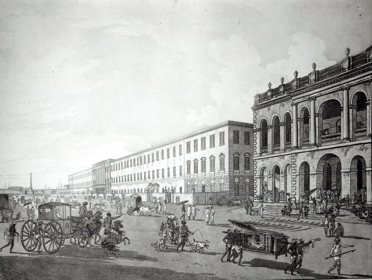 Corte do Prefeito e Edifício dos Escritores, Calcutá, 1786 (aquatint) de Rev. Edward Thomas Daniell