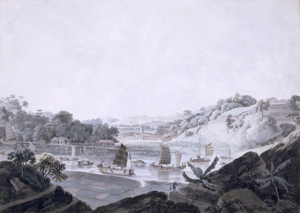 Vista, de, algum-Cheon, ligado, francês, ilha, levado, de, dinamarca, ilha, china, 1793-94, (wc, sobre, grafite, ligado, colocado, paper) de Rev. Edward Thomas Daniell