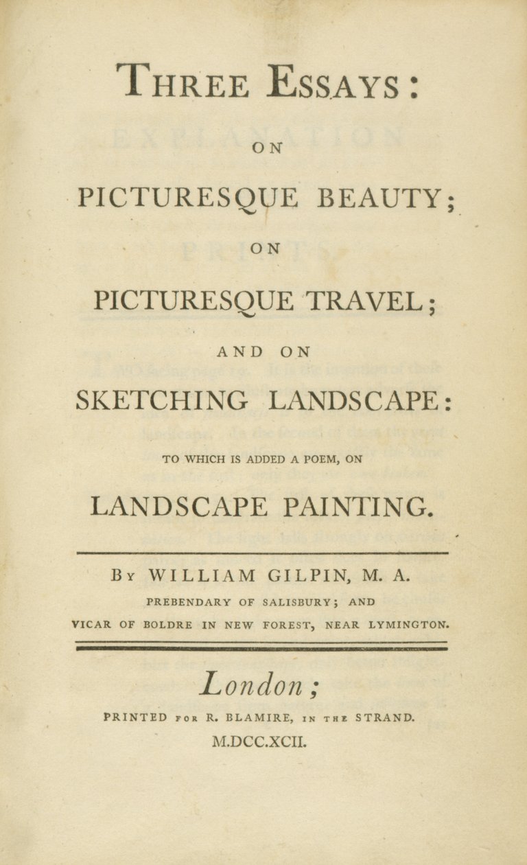 Página de título, de três ensaios: na beleza pitoresca, na viagem pitoresca e no Sketching ... 1792 de Rev. William Gilpin
