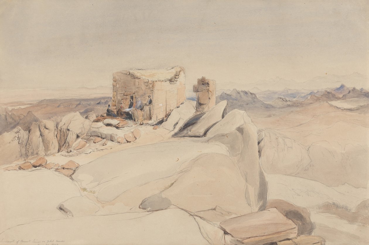 A Cimeira do Monte Sinai ou Jebel Musa, 1840 (wc, grafite e bodycolour em papel tufado bege) de Rev. Edward Thomas Daniell
