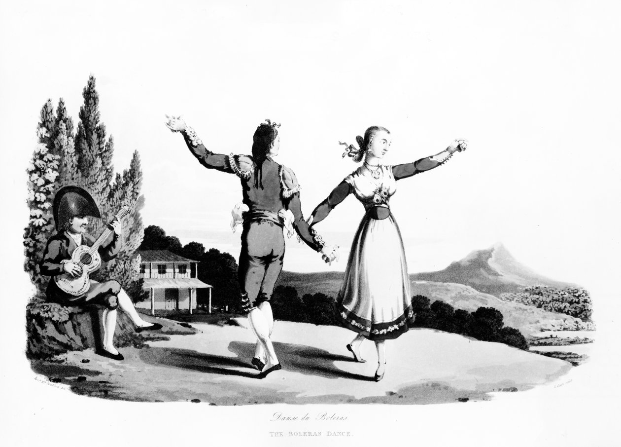 A Dança das Boleras, ilustração de &39;Esboços do País, Personagem e Traje, em Portugal e Espanha&39;, impressão de John Heaviside Clark, 1809 (aquatint) de Rev. William Bradford
