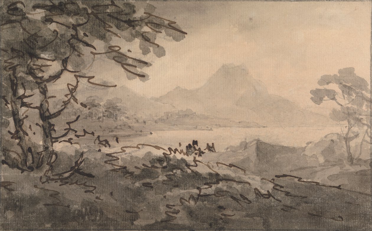 Um lago com montanhas que se elevam para além das montanhas de Rev. William Gilpin