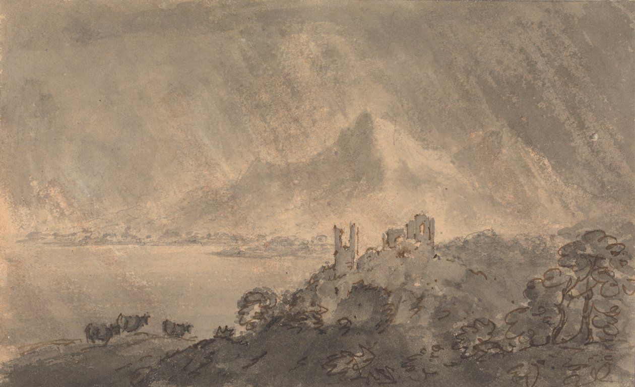Castelo sobre um lago com montanha distante sob o céu tempestuoso de Rev. William Gilpin