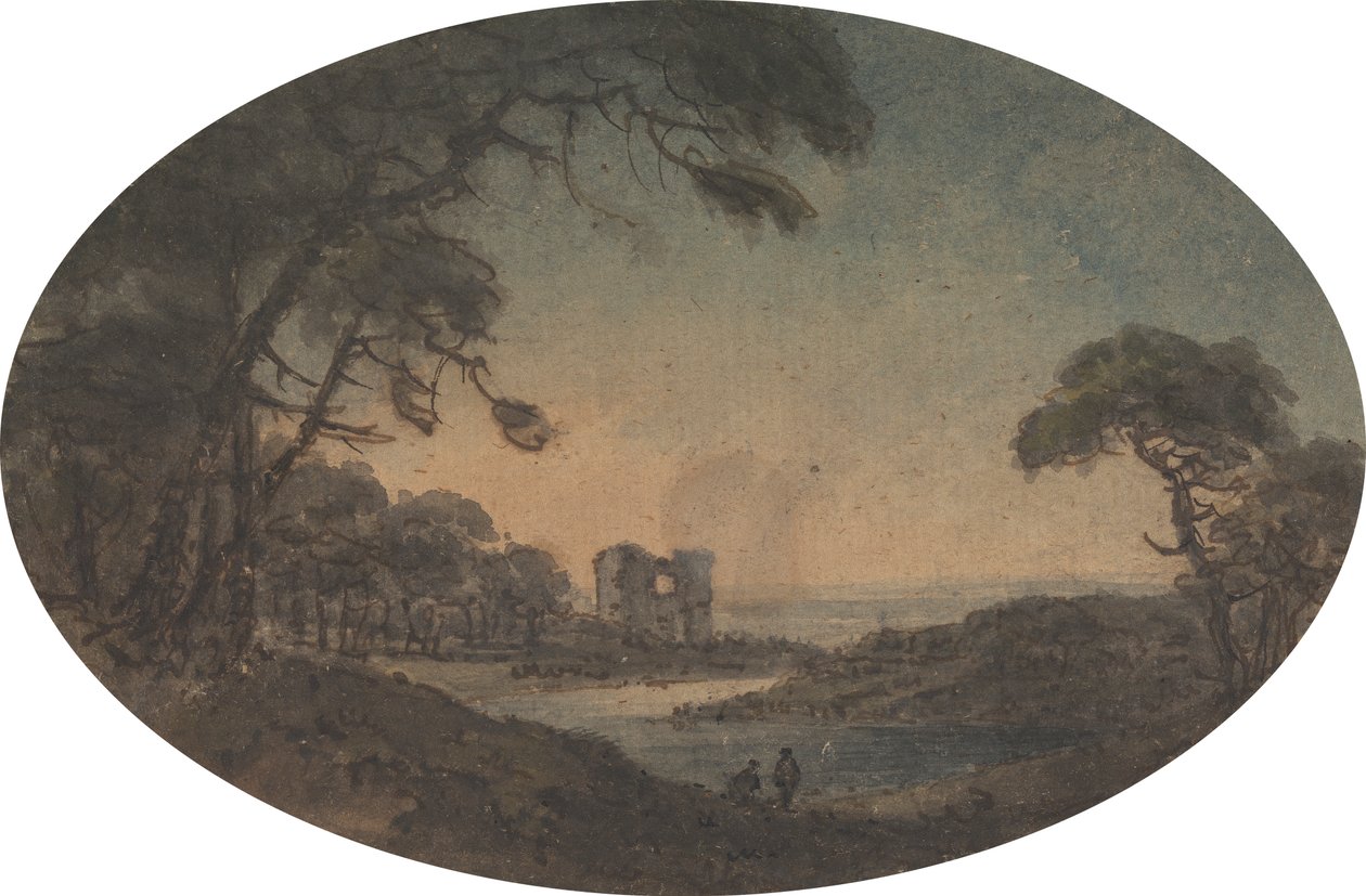 Paisagem com dois homens e uma ruína de castelo na margem do rio de Rev. William Gilpin