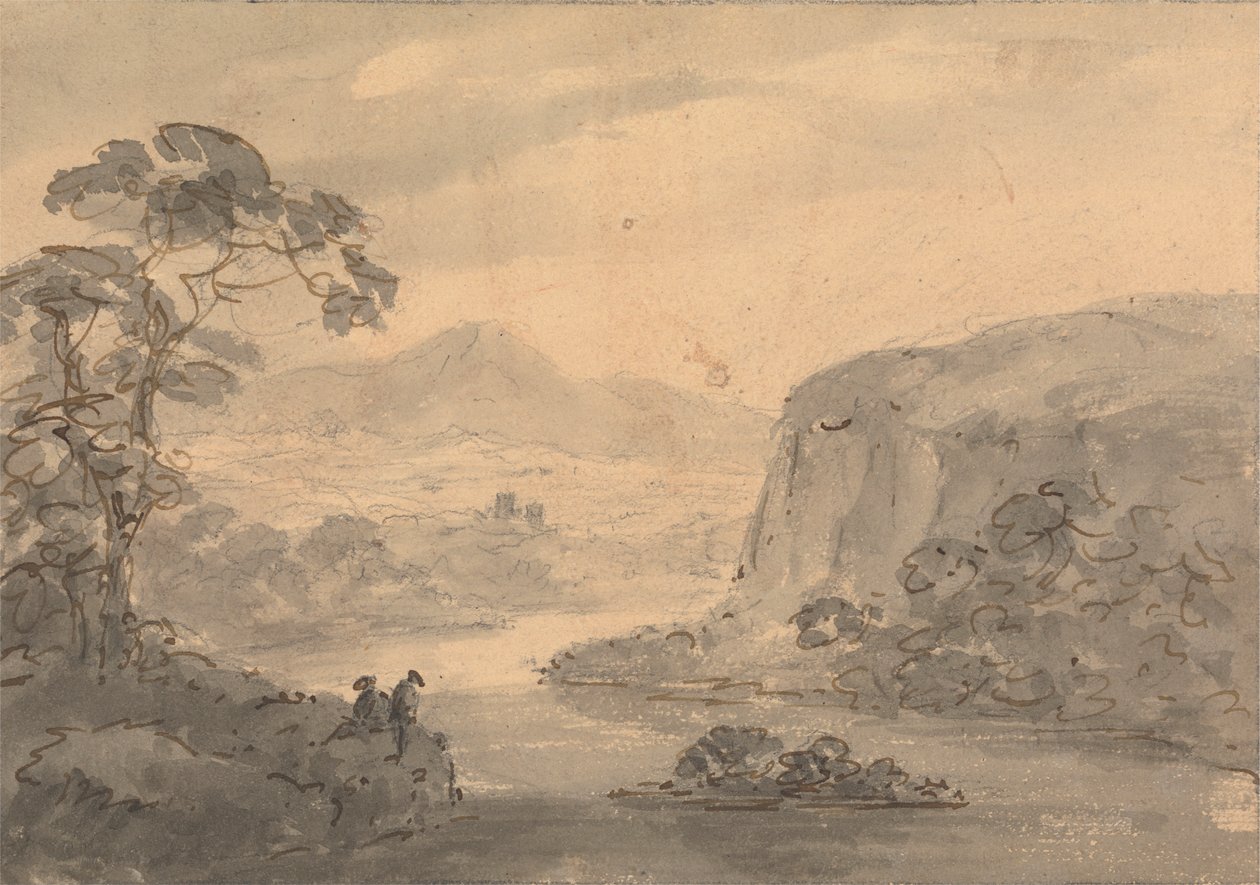 Paisagem montanhosa com duas figuras com vista para um lago de Rev. William Gilpin