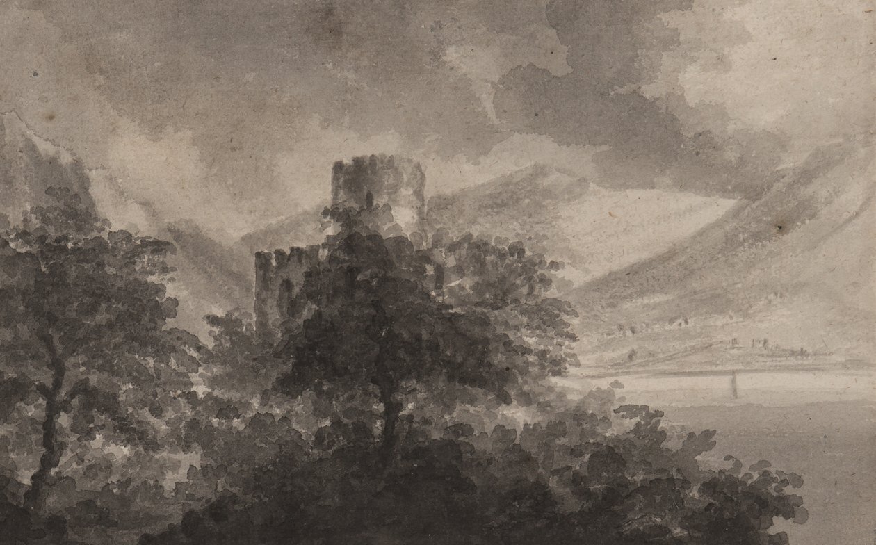Castelo de Lakeland arborizado: capriccio, 1804 (pincel e monocromático lava no papel) de Rev. William Gilpin