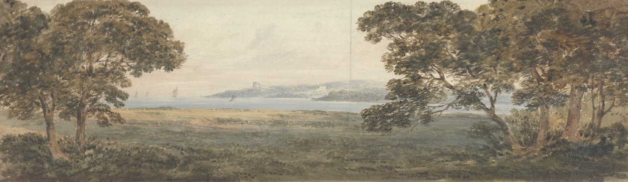 Paisagem arborizada com vista para um estuário de Rev. William Gilpin