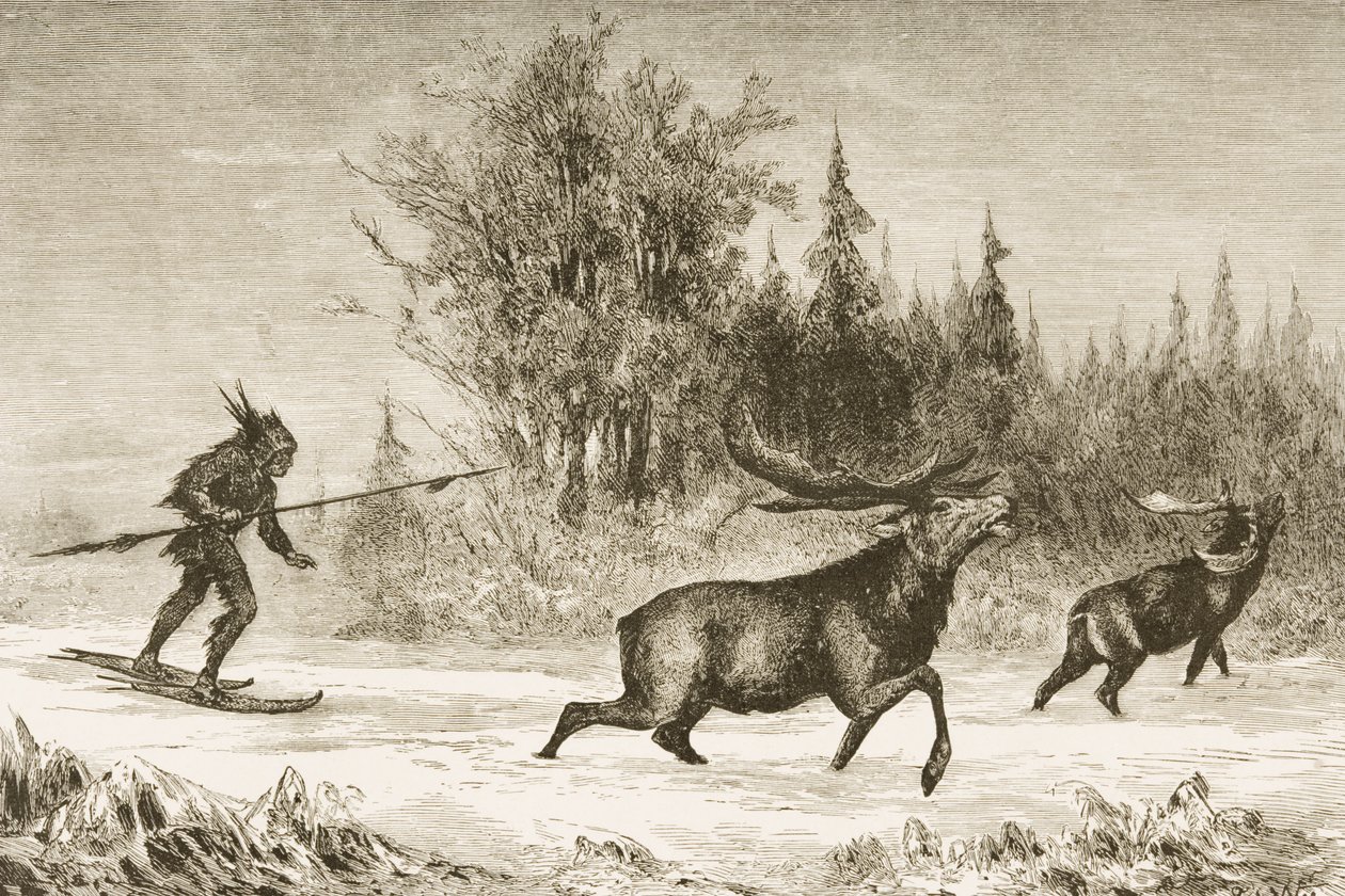 Uma caça ao alce americano nativo no Território do Noroeste, c.1880 de Reverend Samuel Manning