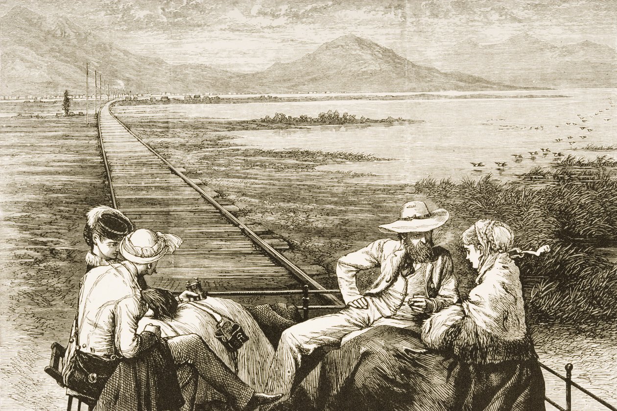 Um carro de inspeção na Estrada de Ferro do Pacífico que aprofunda o Grande Lago Salgado, c.1880 de Reverend Samuel Manning