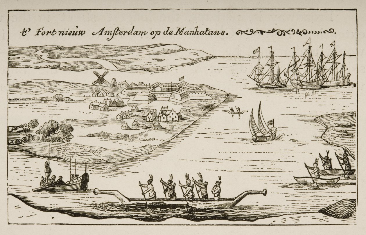 Forte e assentamento de New Amsterdam na ilha de Manhattan na década de 1620, c.1880 de Reverend Samuel Manning