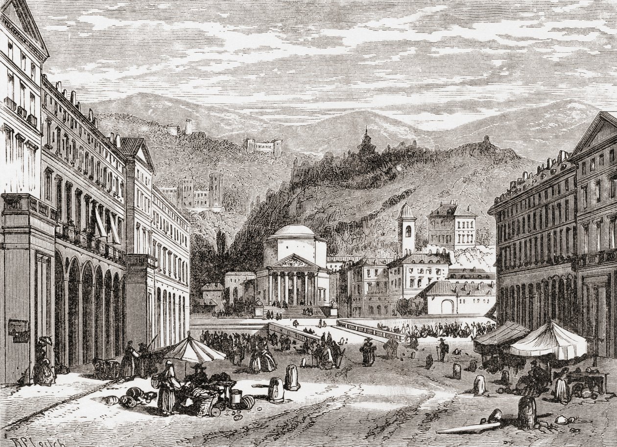 Uma rua em Turim, Itália, no final do século XIX. De Italian Pictures do Rev. Samuel Manning, publicado por volta de 1890. de Reverend Samuel Manning