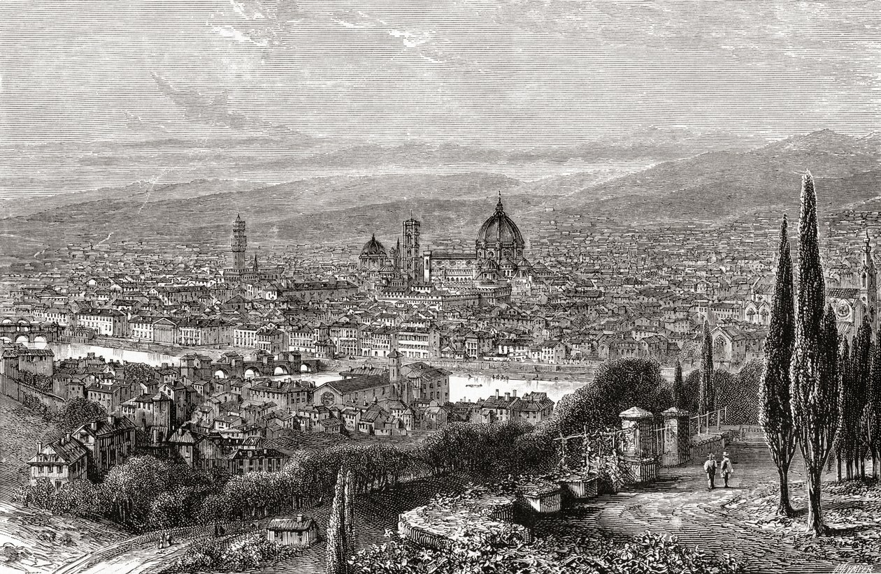 Vista de Florença, Toscana, Itália, a partir do terraço de San Miniato, no final do século XIX. De Italian Pictures do Rev. Samuel Manning, publicado por volta de 1890. de Reverend Samuel Manning