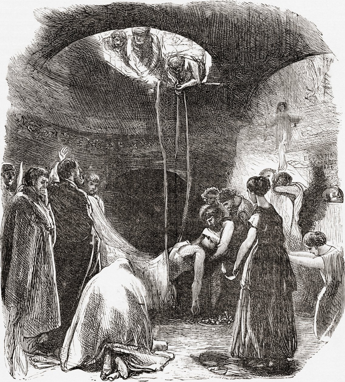 Um enterro cristão primitivo nas Catacumbas de Roma, Itália. De Italian Pictures do Rev. Samuel Manning, publicado em 1890. de Reverend Samuel Manning