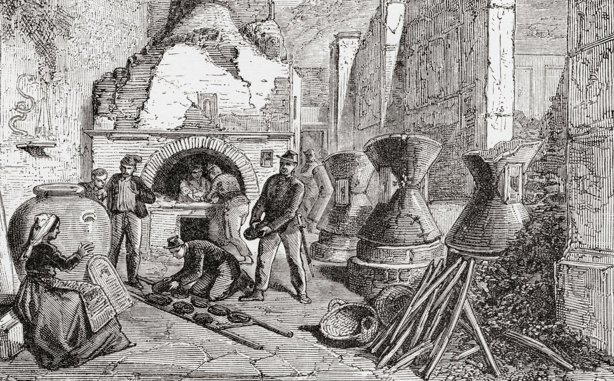Forno de padeiro, moinhos de pão e de farinha descobertos nas escavações em Pompeia, Nápoles, Itália, no final do século XIX. De Italian Pictures do Rev. Samuel Manning, publicado por volta de 1890. de Reverend Samuel Manning