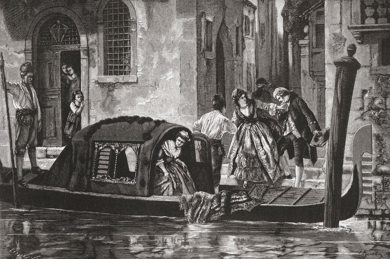 Passageiros a sair de uma gôndola no Grande Canal, Veneza, Itália, no final do século XIX. De Italian Pictures do Rev. Samuel Manning, publicado por volta de 1890. de Reverend Samuel Manning