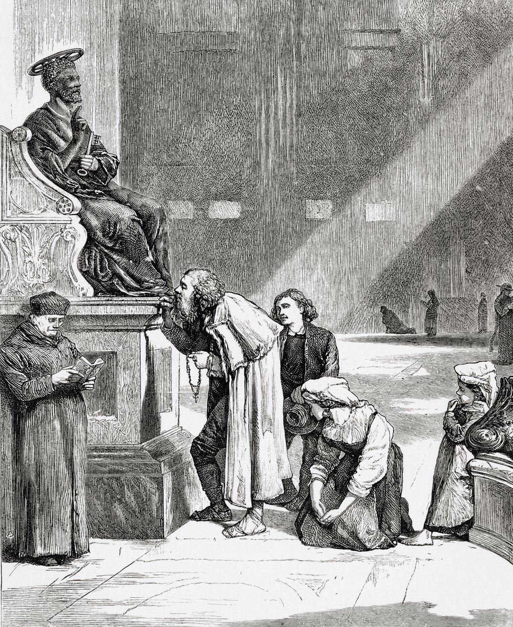 Pessoas a beijar os pés da estátua de São Pedro no interior da Basílica de São Pedro, Cidade do Vaticano, Roma, no final do século XIX. De Italian Pictures do Rev. Samuel Manning, publicado por volta de 1890. de Reverend Samuel Manning