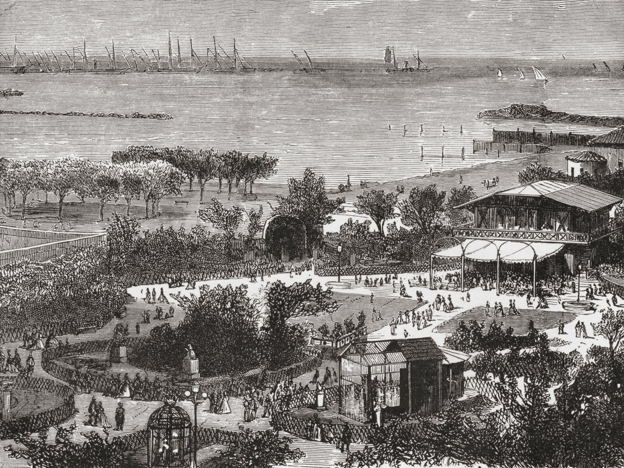 Jardins públicos e estrada de Livorno, também conhecida como Leghorn, Toscana, Itália, no final do século XIX. De Italian Pictures do Rev. Samuel Manning, publicado por volta de 1890. de Reverend Samuel Manning