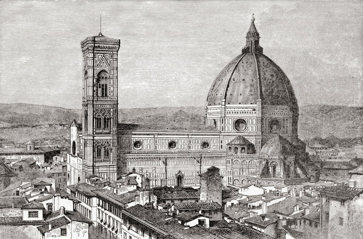 O Duomo e o Campanário da Basílica de Santa Maria del Fiore, Piazza del Duomo, Florença, Itália, no final do século XIX. De Italian Pictures by Rev. Samuel Manning, publicado por volta de 1890. de Reverend Samuel Manning