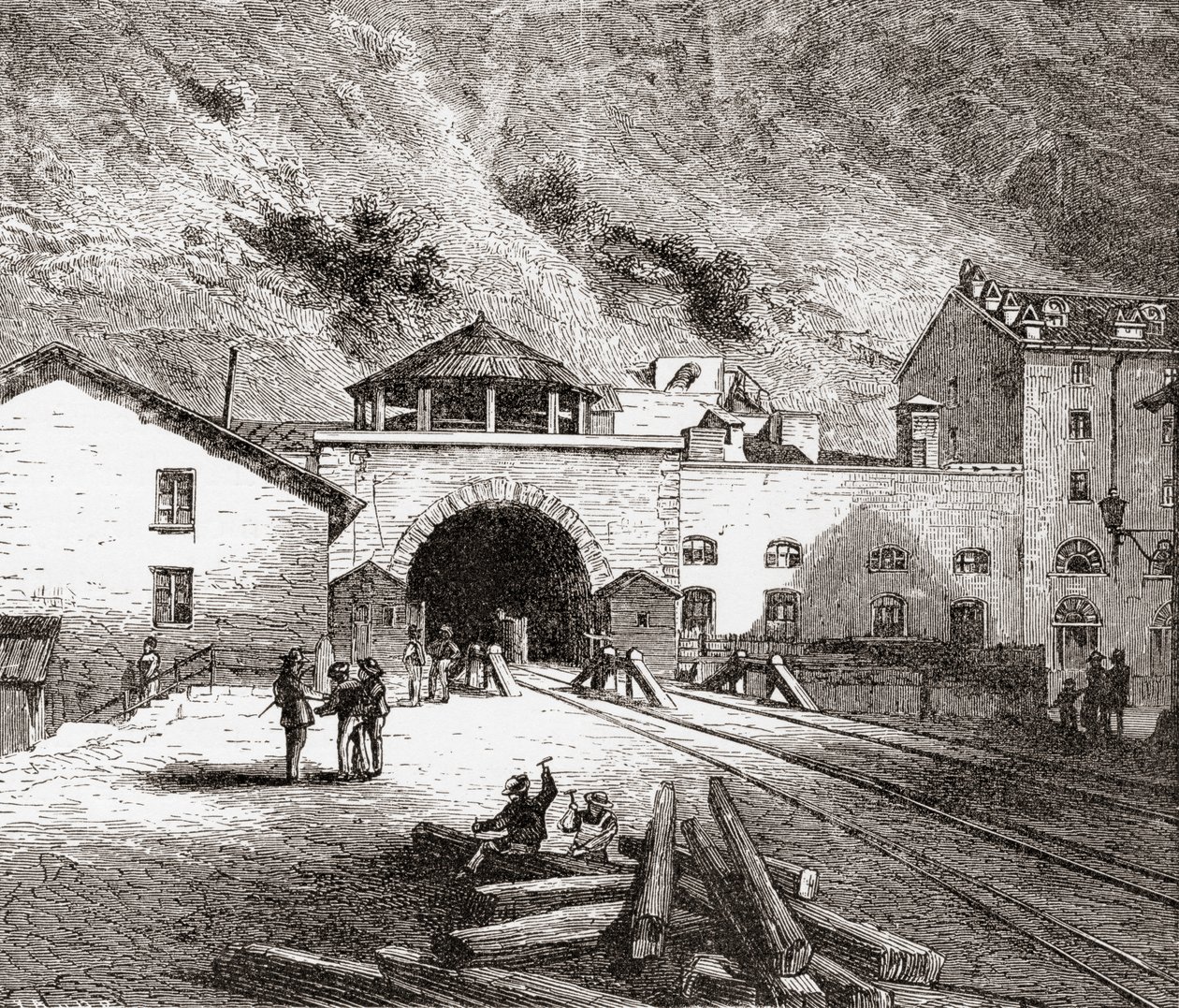 O túnel ferroviário de Fréjus, também chamado túnel do Monte Cenis, nos Alpes europeus, visto do lado italiano no final do século XIX. De Italian Pictures do Rev. Samuel Manning, publicado por volta de 1890. de Reverend Samuel Manning