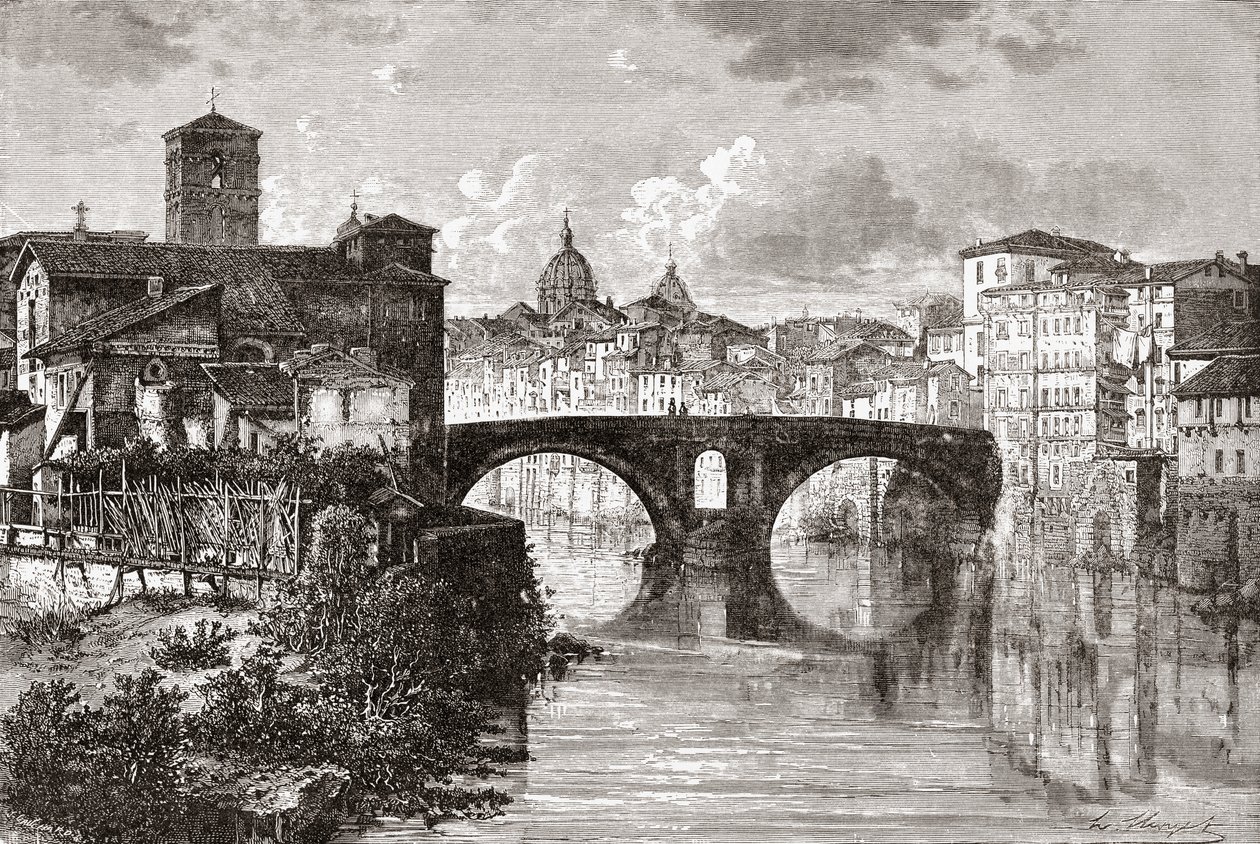 O Pons Fabricius, ou Ponte dei Quattro Capi, e a Ilha do Tibre, Roma, Itália, no final do século XIX. De Italian Pictures do Rev. Samuel Manning, publicado por volta de 1890. de Reverend Samuel Manning