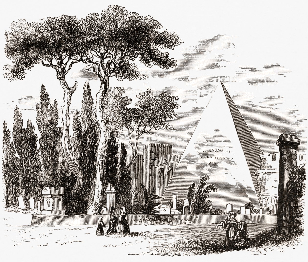 O Cemitério Protestante e a Pirâmide de Céstio, Roma, Itália, no final do século XIX. De Italian Pictures by Rev. Samuel Manning, publicado em 1890. de Reverend Samuel Manning
