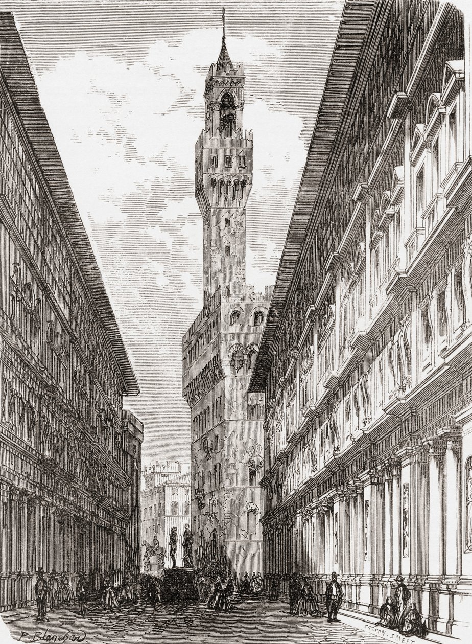 Os Uffizi, o Palazzo Vecchio e as estátuas na Piazza della Signoria, Florença, Itália, no final do século XIX. De Italian Pictures do Rev. Samuel Manning, publicado por volta de 1890. de Reverend Samuel Manning